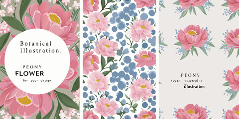 Floral botanical illustrations featuring pink and blue peony flowers on a white background © Ranajit