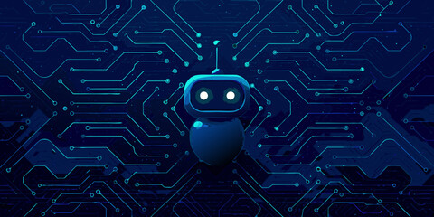 A cute robot stands amidst a complex network of blue circuit board lines © Ranajit