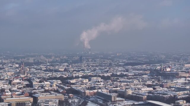 Krakow City Skyline with Power Plant Smokestack and Air Pollution