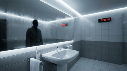 Person standing in a foggy bathroom mirror and clock showing same time, time loop concept