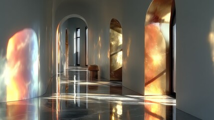 Light streams through arched doorways of a bright, minimalist hallway, casting colorful reflections