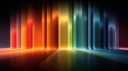 Abstract digital art, vertical rainbow bars flowing down to a reflective, dark surface