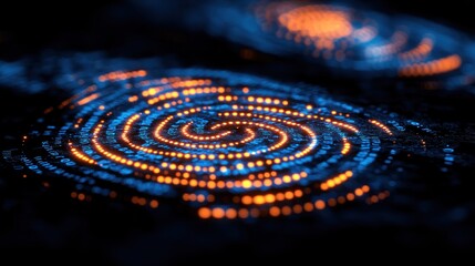 Abstract rendering of glowing spirals, emitting a vibrant blue and orange light, within a dark background