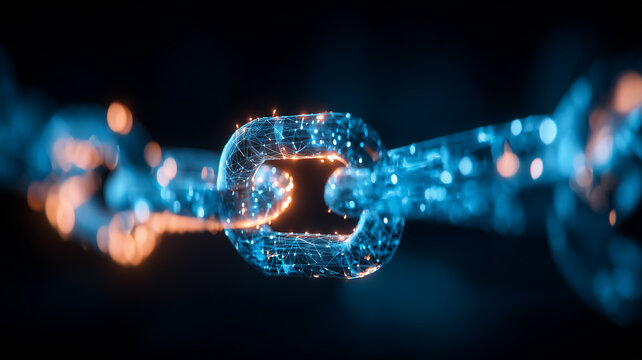 Connected digital chain link with sparks symbolizing blockchain security, data integrity and trusted transactions.
