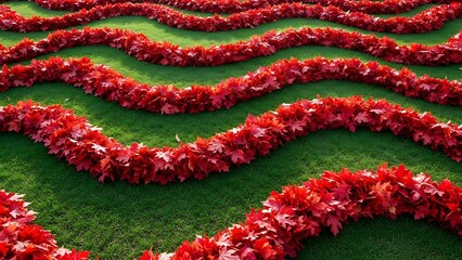 Vibrant Red Leaves Forming Wavy Pattern on Lush Green Grass Background