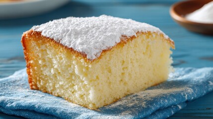 A slice of fresh homemade cake is placed on a blue cloth, topped with a dusting of powdered sugar. The setting offers a cozy kitchen atmosphere, showcasing the sweet treat invitingly.