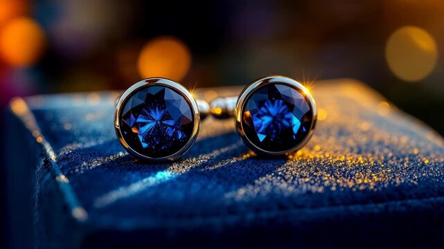 Pair of luxurious cufflinks with blue gemstones on a velvet surface with golden bokeh lights