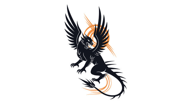 Powerful black silhouette of a mythical griffin with large wings spread, roaring against an orange sunburst on a white background.