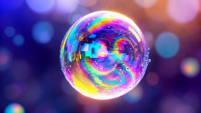 Shiny iridescent neon color soap bubble slowly floating and spinning with vibrant, colorful bokeh background
