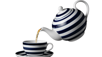 Whimsical blue and striped teapot elegantly pouring hot beverage into matching teacup and saucer creating a stream of liquid refreshment studio isolated on transparent white background