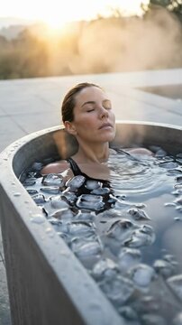 Cold plunge therapy, woman in ice bath enduring the intense cold, the camera smoothly dollies in for a serene close up during sunrise