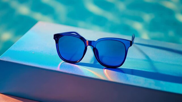 Stylish blue sunglasses sitting on a pedestal with shimmering pool water reflections in the background