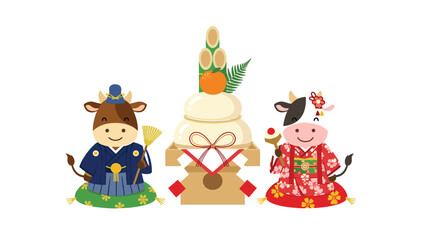 Fototapeta premium Cute cartoon illustration of a male and female cow in traditional Japanese kimono for the Year of the Ox with kagami mochi.