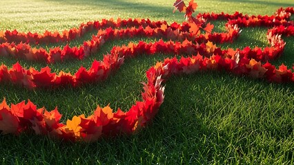 Vibrant Red Leaves Forming Wavy Pattern on Lush Green Grass Background