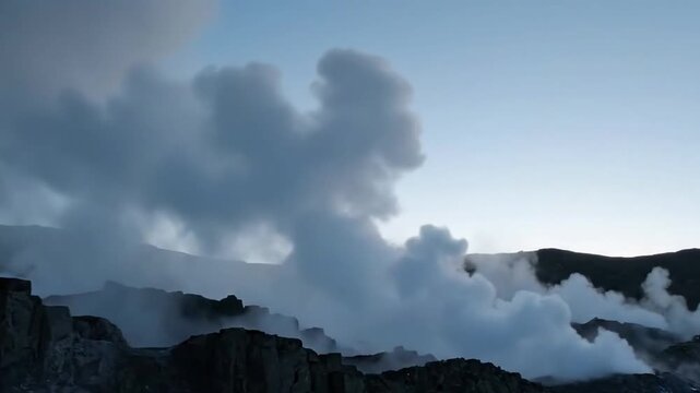 Ethereal Vapor Trails A slow-motion capture of individual wisps of steam and mist rising and swirling against a deep, dark volcanic background, highlighted by indirect natural light, showcasing the
