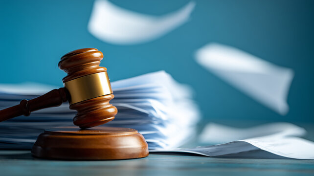 Judge gavel beside stacked documents with flying papers symbolizing legal paperwork overload and compliance pressure.

