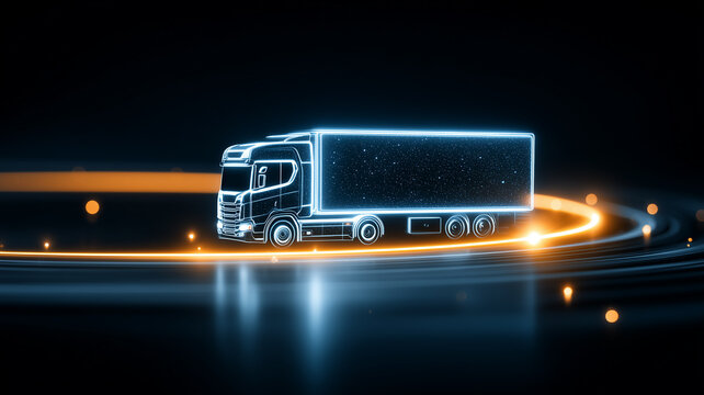 Neon delivery truck icon on a digital route ring symbolizing fast distribution and technology driven logistics.
