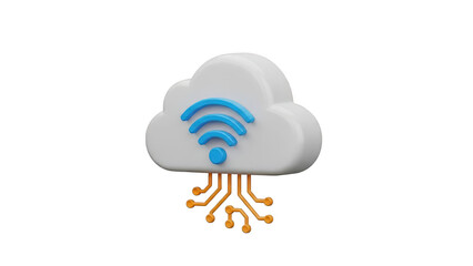 Cloud computing symbol with blue wifi icon and orange circuit connections on transparent background