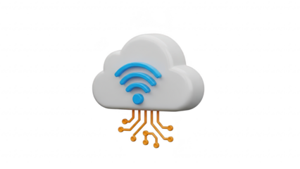 Cloud computing symbol with blue wifi icon and orange circuit connections on transparent background