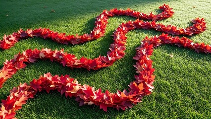 Vibrant Red Leaves Forming Wavy Pattern on Lush Green Grass Background
