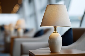Decorative table lamp accent inside luxury airport lounge creating warm ambient atmosphere. Premium terminal interior detail supporting relaxed business travel experience