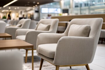 Contemporary airport lounge armchairs with wooden tables arranged in premium terminal waiting area. Business travel interior offering comfort, order and efficient passenger flow