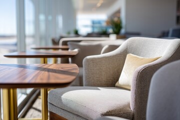 Elegant airport lounge armchairs with round wooden tables in bright premium terminal interior. Refined waiting area created for business travelers seeking comfort and efficiency