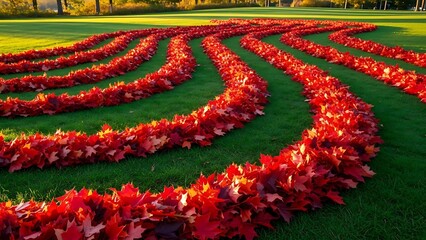 Vibrant Red Leaves Forming Wavy Pattern on Lush Green Grass Background
