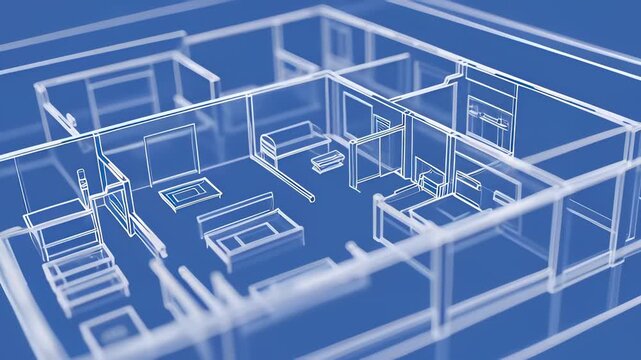 Animated architectural floor plan evolving from 2D blueprint to 3D wireframe structure on a blue background, visualizing construction and interior design concepts
