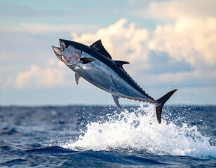Large, muscular fish leaping out of ocean, bright daylight
