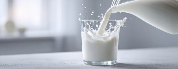 The Milk Pouring Into A Clear Glass On A Bright Kitchen Counter