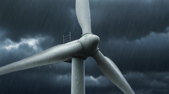 White wind turbine blades covered in water droplets during a heavy rainstorm with dark dramatic clouds and streaks of rain creating a moody atmospheric scene for renewable energy concepts and