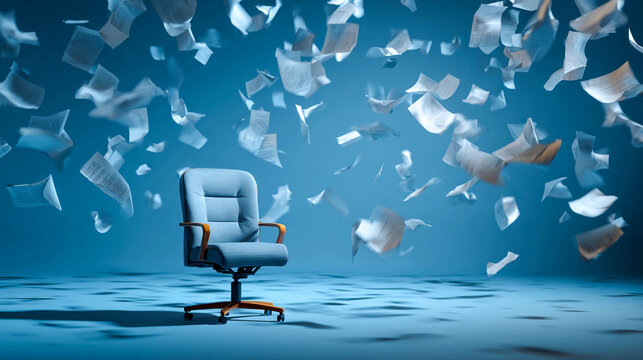 An office chair stands on a blue background, with sheets of paper flying chaotically around it, creating a sense of disorder and stress; the concept of burnout, quitting, and dismissal.