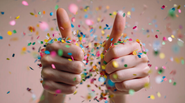 Two hands are giving a thumbs-up gesture in a cloud of colorful confetti on a soft pastel background, representing approval, success, and celebration.