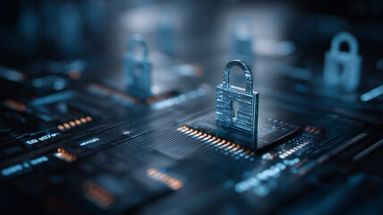 Padlock icons on a computer circuit representing cybersecurity protection and data privacy.