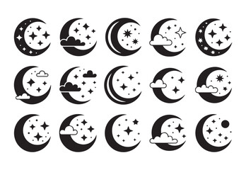 Fototapeta premium Celestial moon and stars icon set with clouds in monochrome style for mystical night sky decoration
