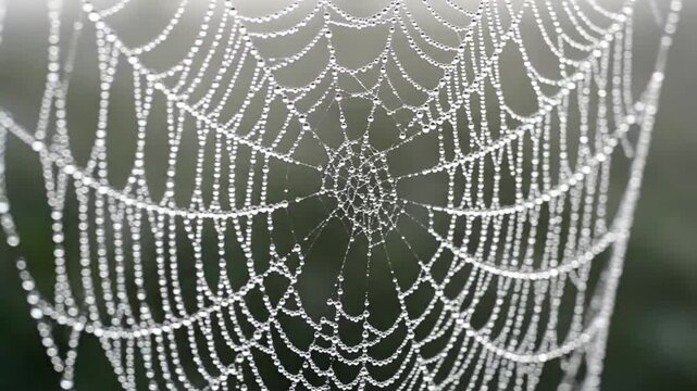 Gentle Movement A delicate shot of the spiderweb with fog beads, subtly swaying with a barely perceptible breeze, causing the beads to jiggle or shift slightly.