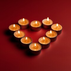 Obraz premium A warm romantic heart shaped arrangement of lit tealight candles placed on a vibrant red background. Generative AI.