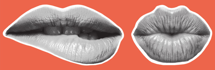 Set of retro halftone parts of body. Trendy halftone lips. Woman lips. Kiss, love, smile, hot. Halftone collage elements. Vector illustration.