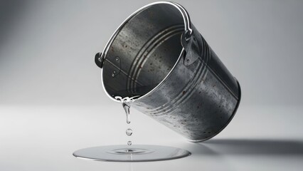 A weathered metal bucket tipped over, spilling water onto a reflective surface
