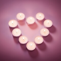 Obraz premium A warm romantic heart shaped arrangement of lit tealight candles placed on a pink background. Generative AI.