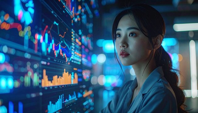 A focused young Asian woman analyzes complex financial data and stock market trends on multiple glowing digital screens in a high-tech control room. - Powered by Adobe