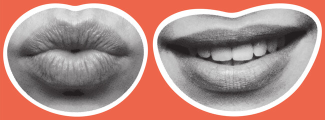 Set of retro halftone parts of body. Trendy halftone lips. Woman lips. Kiss, love, smile, hot. Halftone collage elements. Vector illustration.