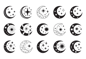Fototapeta premium Celestial moon silhouettes collection with starry patterns and night sky elements for creative design