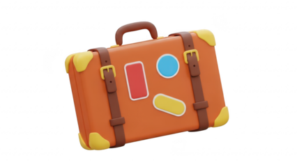 Brown leather suitcase with colorful stickers on transparent background