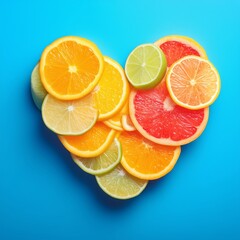 Fototapeta premium Colorful citrus fruit slices arranged in a heart shape on a vibrant blue surface, showcasing freshness. Generative AI.