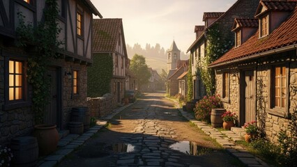 Fototapeta premium quaint medieval village street with stone cottages and church tower