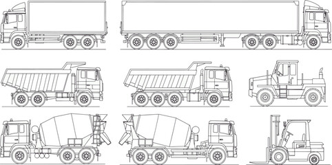 Obraz premium Line art trucks and vehicles, conveying transport and industry through detailed side profiles.