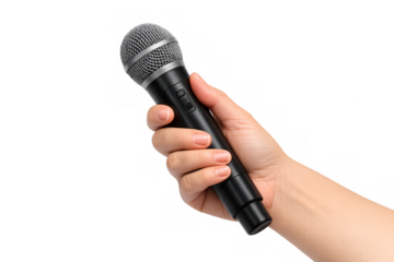 Hand holding microphone presenting a speech or song