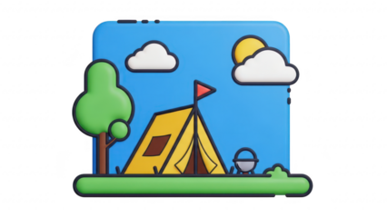 A cartoon illustration of a tent in a camping scene with a tree and clouds isolated on transparent background